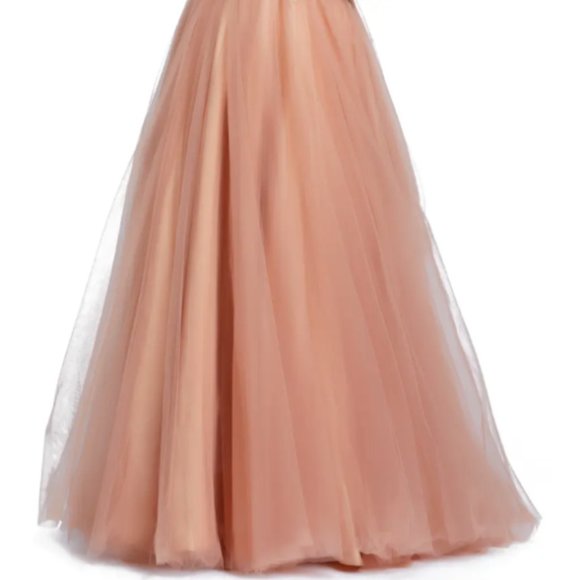 MAC DUGGAL ILLUSIONS EMBELLISHED BOAT NECK TULLE APRICOT BALL-GOWN sz 4 - Picture 5 of 6